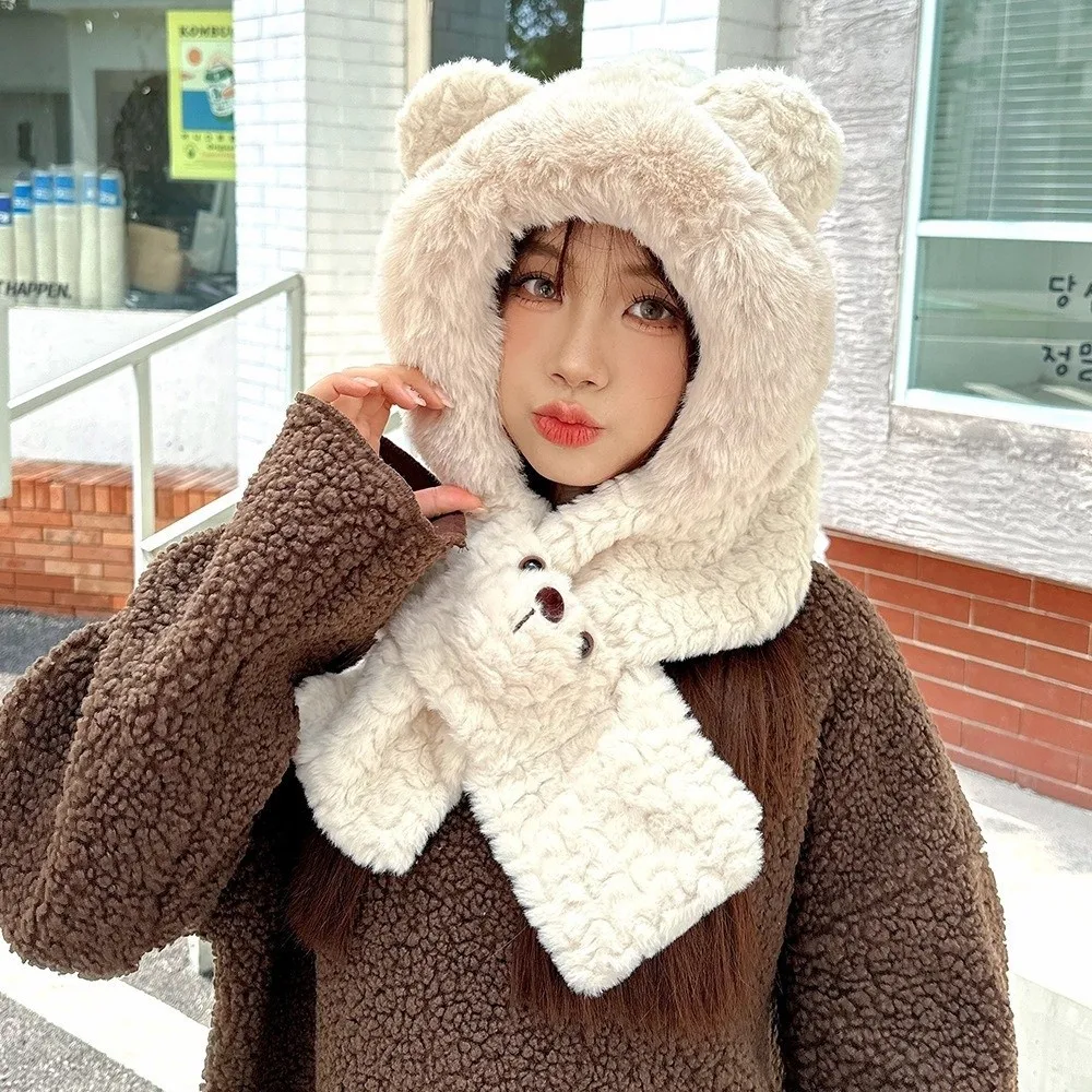 Cute Cartoon Bear Ear Hat Warm Solid Color 2 in 1 Plush Scarf Windproof Earmuff Winter Neckerchief Ski