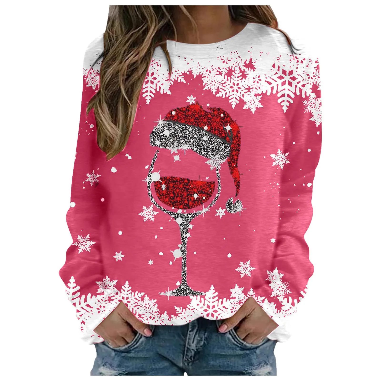 Womens Christmas Sweatshirt Plus Size Red Wine Glass Graphic Print Vintage Running Cozy Hoodies  Hot Selling Clothes 2025