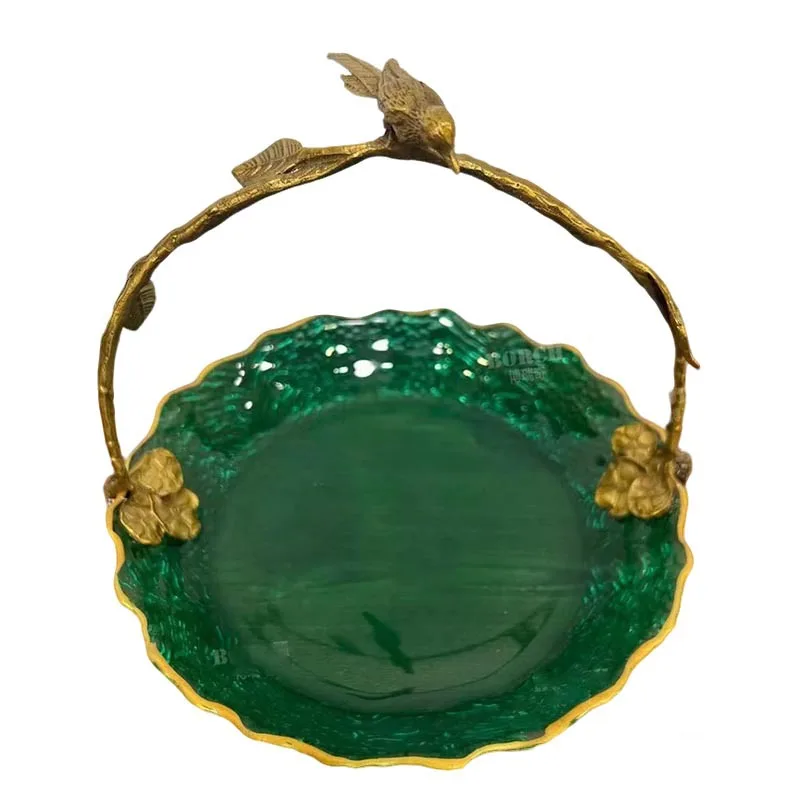 CX Happy Branch Fruit Plate Blue Brass Creative Magpie Glass Plate Desktop High Value Decorative Ornament