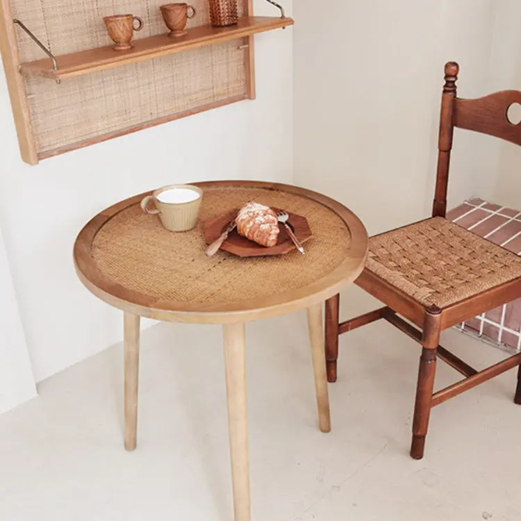 Bohemian American retro solid wood coffee table rattan surface sofa side balcony corner table B & B leisure table