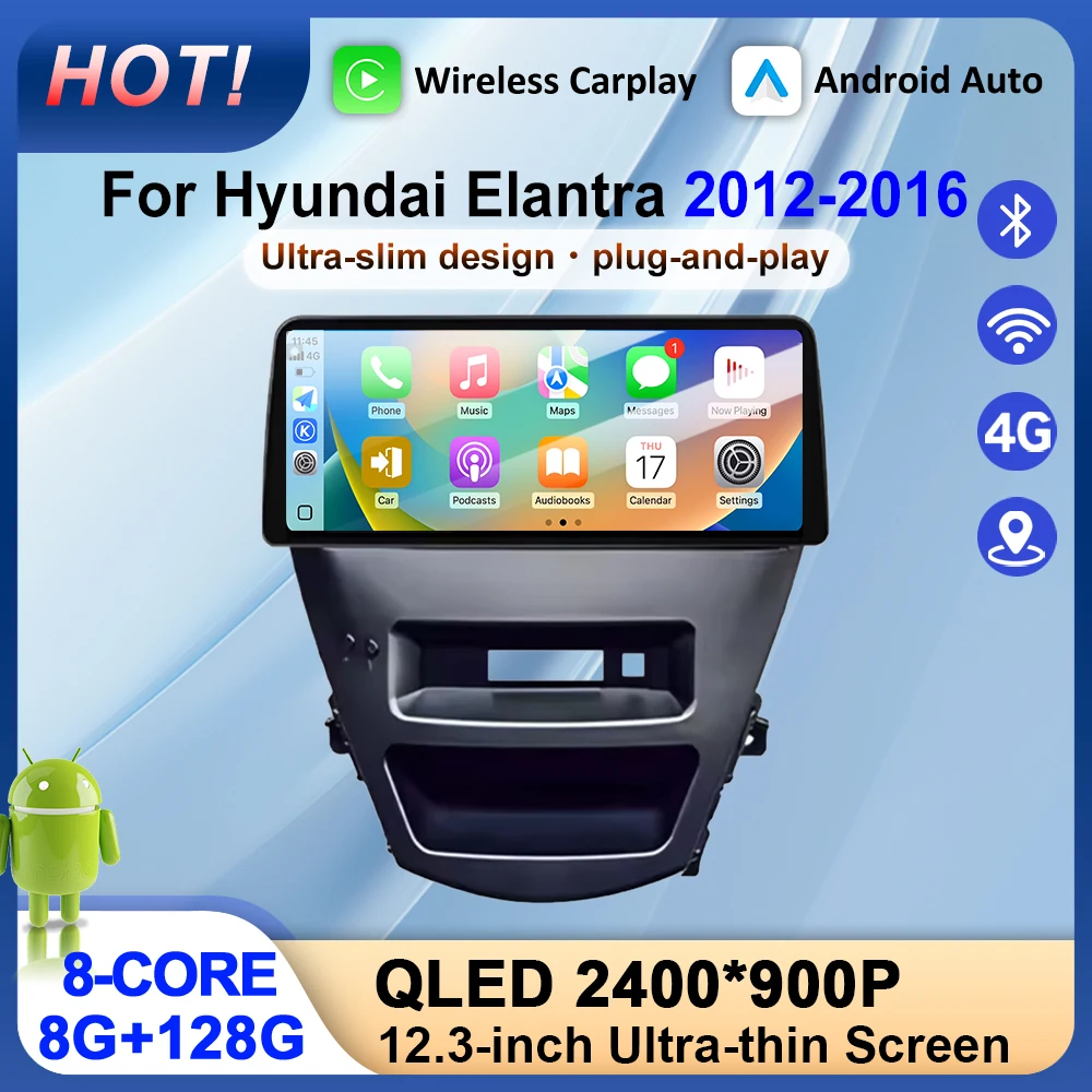 Wireless CarPlay For Hyundai Elantra 2012-2016 Android 16 Car Radio MultimediaVideo Player DSP Navigation GPS 4G WIFI 12.3 Inch