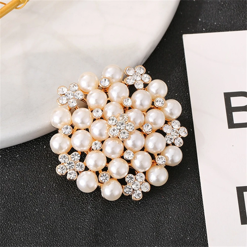 High Quality Silver Plated Rhinestone Imitation Pearl Round Flower Brooches Pins For Women Luxury Pearl Brooches Jewelry Wedding