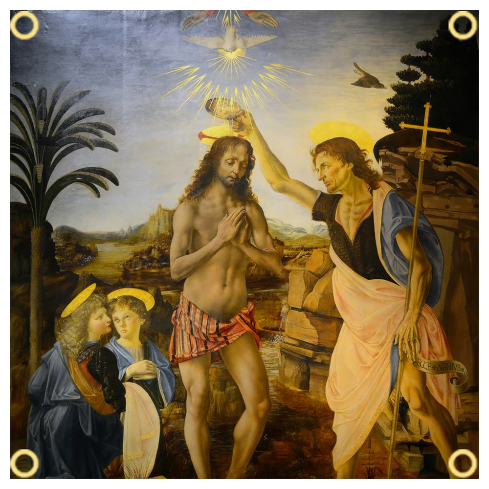 60×60 90x90 120×120CM The Baptism of Christ Ginevra de' Benci Leonardo da Vinci 2 Flag Art Polyester Printed Tapestry For Decor