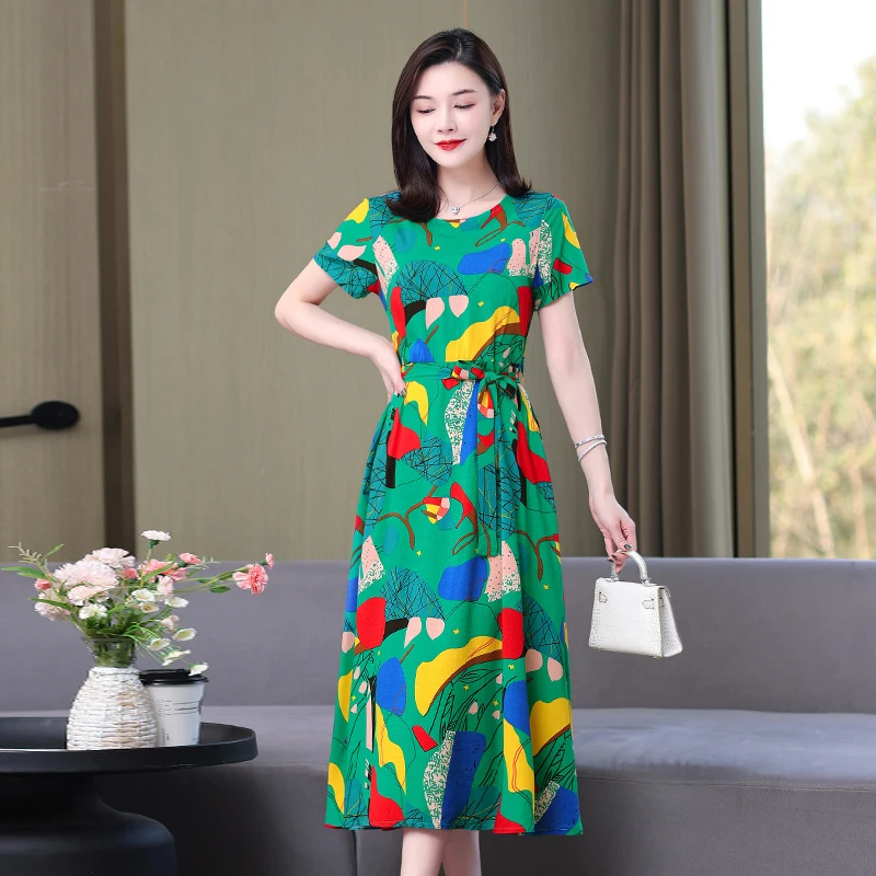 New Arrival 2024 Summer Dress Vestido Loose O-neck Casual Print Floral Cotton Women Clothing Vestidos Dresses Plus Size