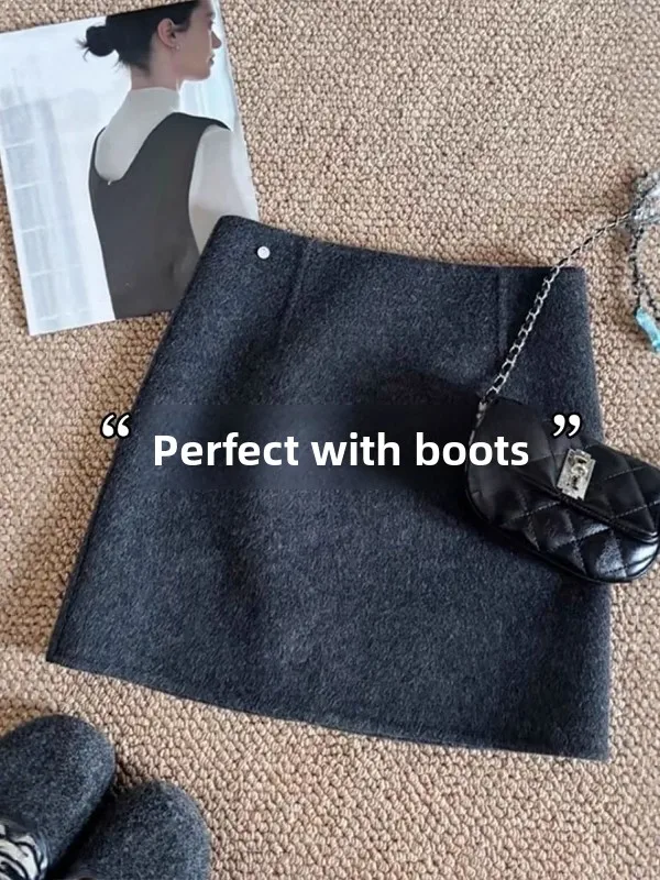 

Элегантная цветная шерстяная юбка для женщин, серая короткая юбка А-силуэта с запахом, простая в сочетании, в корейском стиле, с высокой талией, весенняя.