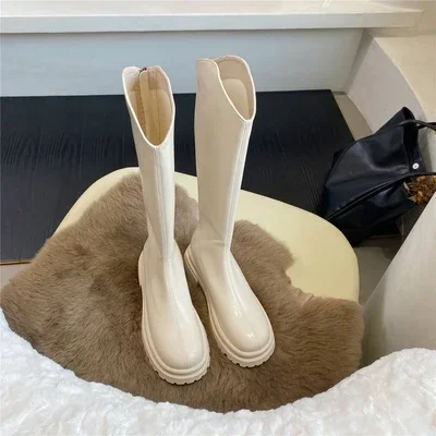 Botas Largas de plataforma plana, botas altas de caballero de invierno, zapatos de mujer con cremalleras traseras, calzado corto elegante de felpa para mujer