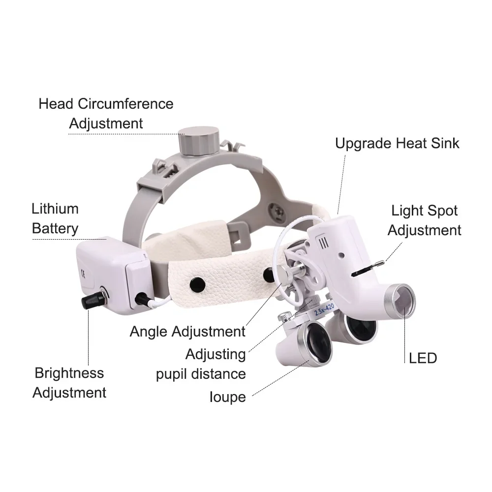 ELIJAH 2.5x/3.5x Lenti d'ingrandimento binoculari dentali con faro di messa a fuoco da 5 W Lenti di ingrandimento chirurgiche a LED dentali regolabili