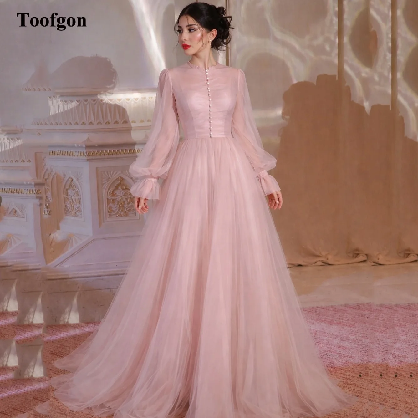 

Простые тюлевые платья Toofgon A-силуэта на заказ для выпускного вечера, с пышными длинными рукавами, на пуговицах, вечерние нарядные платья, женское платье на день рождения