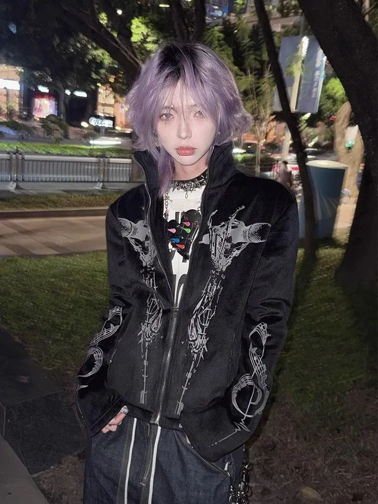 Women's Black Gothic Jacket Fall Winter Stand Collar Zip Skull Singer Print Fleece Lined Flared Sleeve Subculture Street Coat