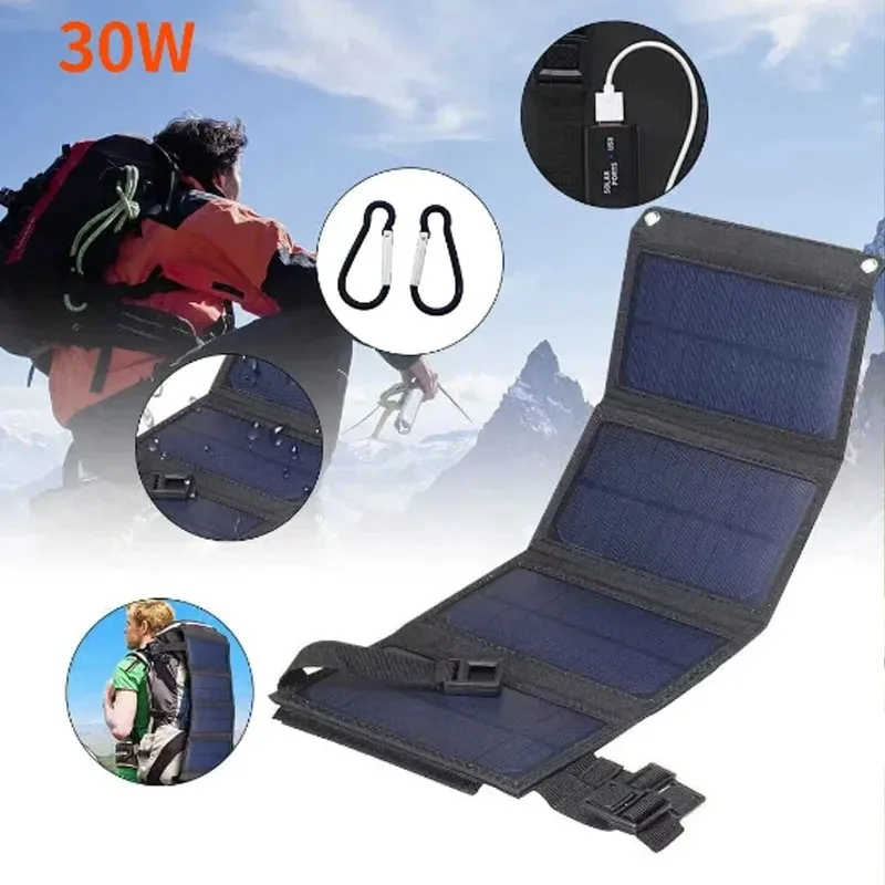 30W Foldable Solar Panels Portable 4-fold Waterproof 5V USB Solar Cells Phone Charger Power Bank for Outdoor Camping Accessories