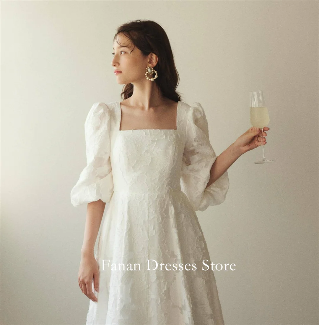 FANAN Korea 스퀘어 넥 레이스 우아한 A 라인 심플 웨딩 드레스 웨딩 드레스 셔링 코르셋 아이보리 맞춤형 예쁜 신부 G