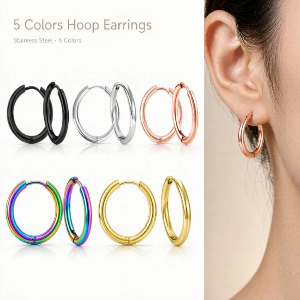 1Pair Plain Huggie Hoop Earrings Stainless Steel 8/10/12/14/16/18/20mm Minimalist Ear Buckles 5 Colors Unisex for Daily Wear