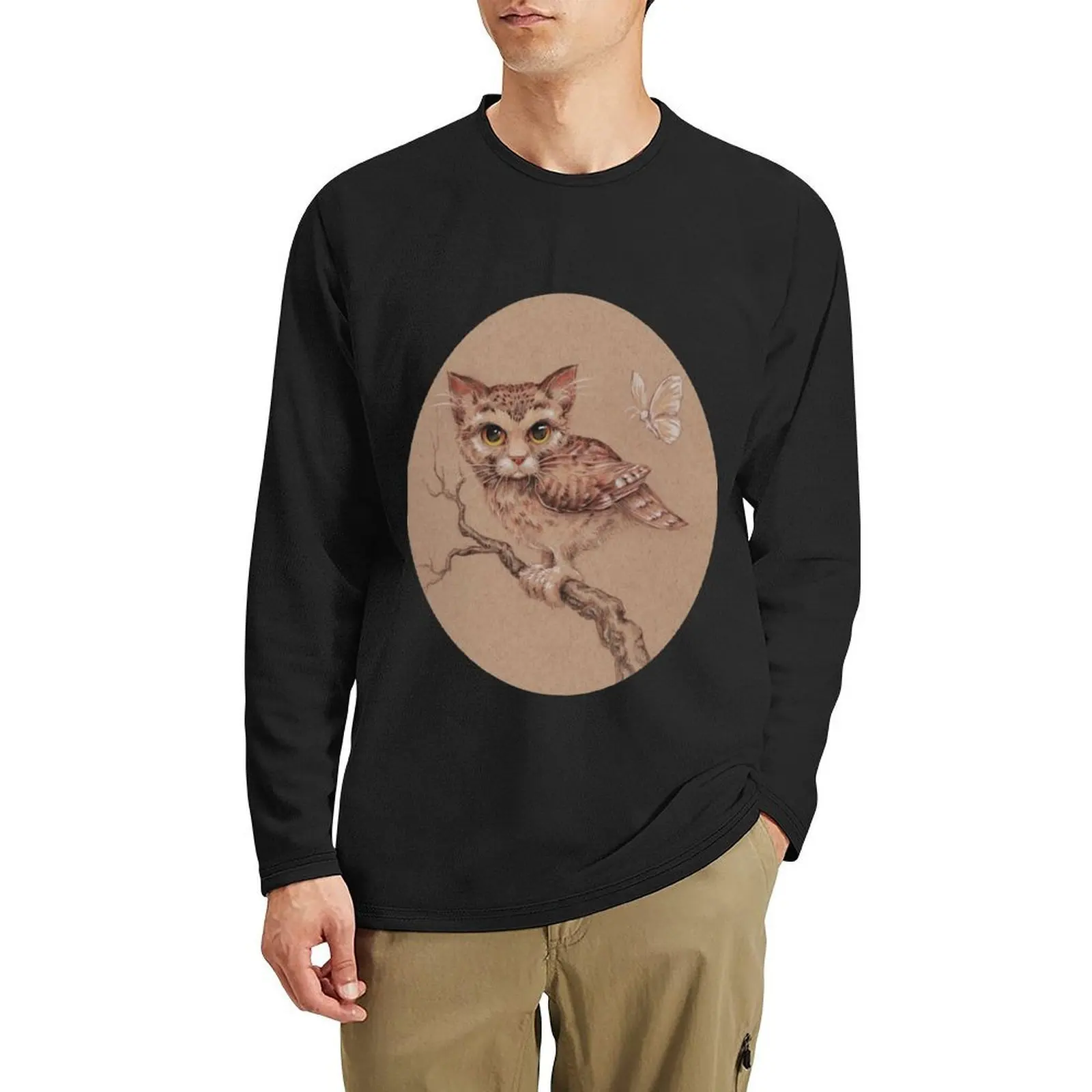 

Meowl and Moth - a treetop encounter Long T-Shirt funny t shirt sweat shirt tops black t shirts for men