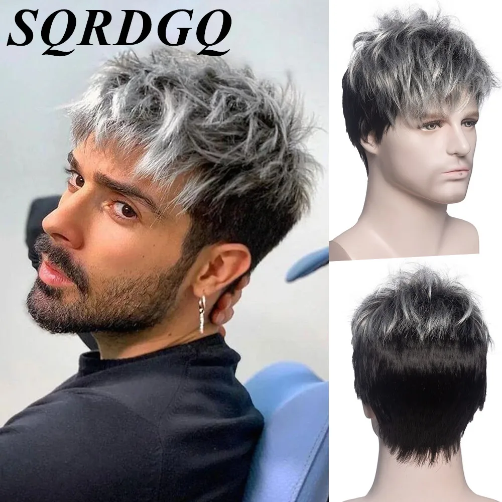 Pelucas sintéticas SQRDGQ para hombres geniales, pelucas de alta calidad para hombres en venta de liquidación, peluca blanca y negra para hombre, pelucas de Cosplay para fiesta diaria para hombre
