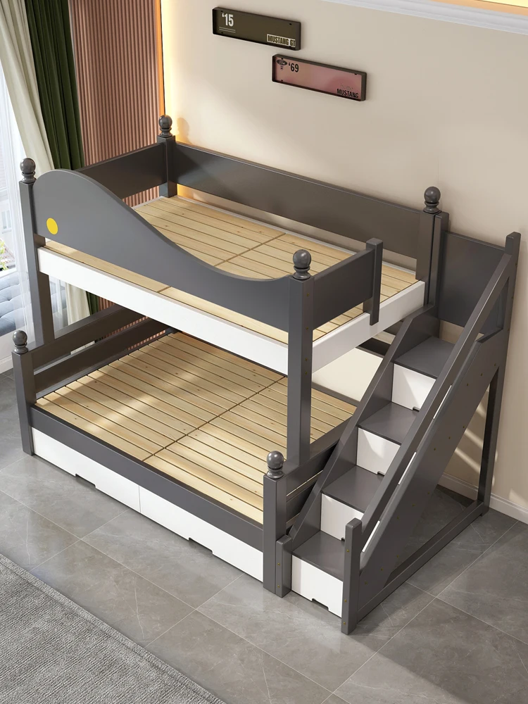 Modern rubber wood solid wood children's bed bunk bed high and low storage child bed sister