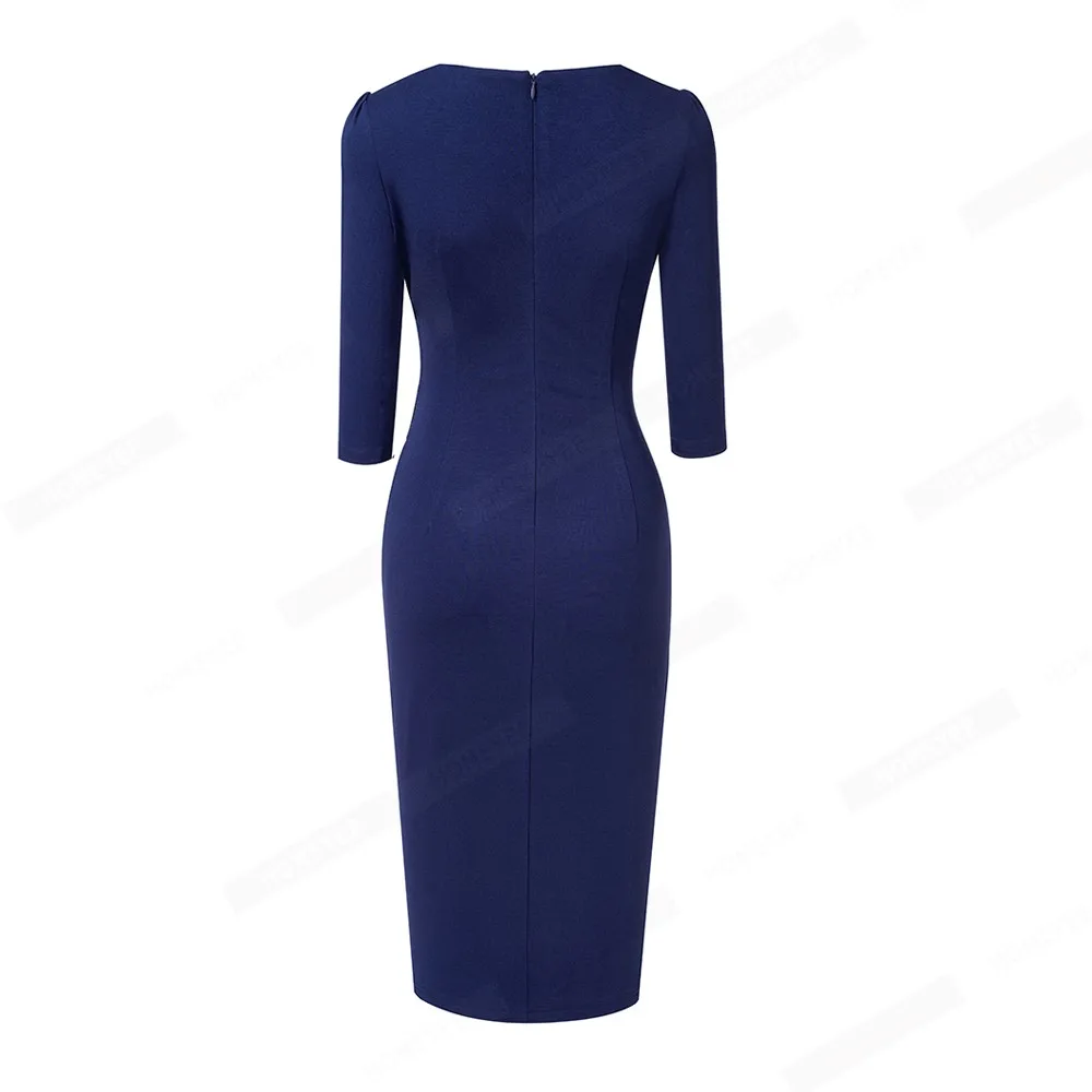 Vrouwen Business Elegante Effen Kleur 3/4 Mouw O Hals Ruches Lady Bodycon Potlood Jurk EB733