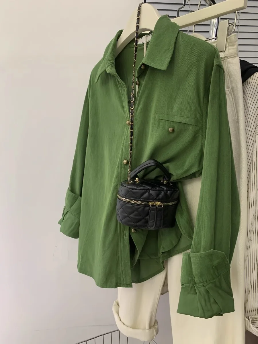 

Retro Green Corduroy Shirt Women's Autumn Winter Layered Loose Lazy Style Elegant Blouse Korean Style Straight Cut Long Sleeve