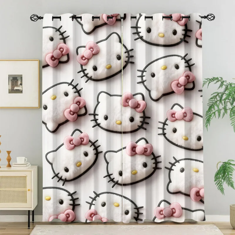 

2Pcs Cute Hello Kitty Head Print Curtains Light Blocking 3D Plush Style Window Drapes For Princess Kids Bedroom Nursery Playroom