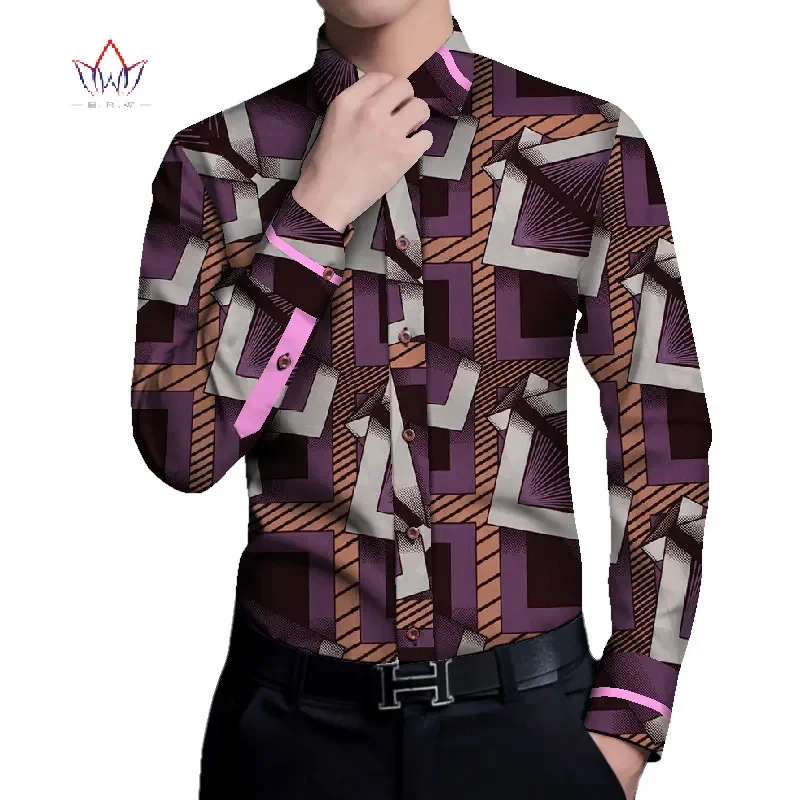 Bintarealwax African Shirt for Men Dashiki Long Sleeve Plus Size African Clothes Patchwork Casual Style Men Shirt WYN937