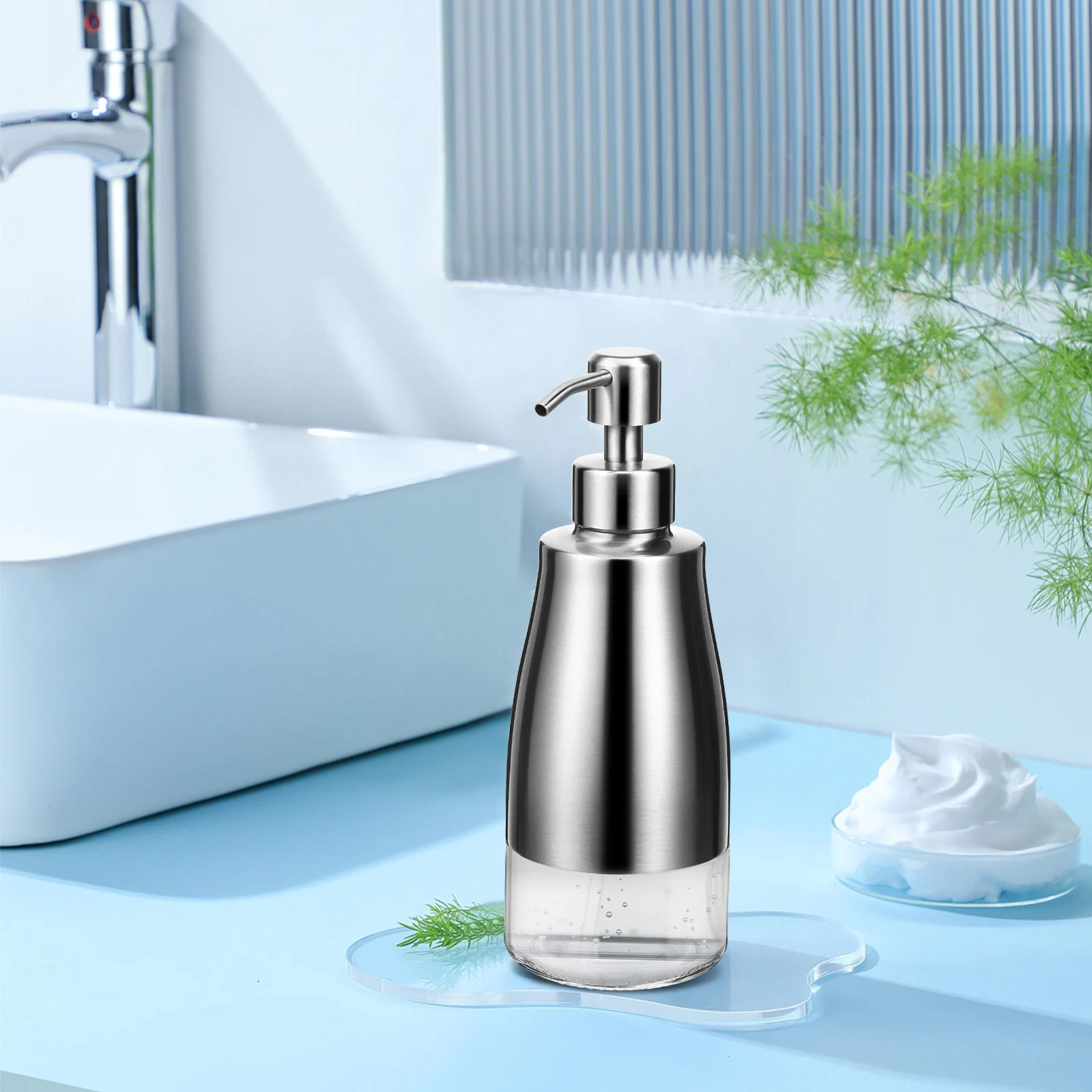 

Stainless Steel Bottle 304 Glass 300ml Secure Kitchen Soap Dispenser Sturdy Suitable Home Kitchen Bathroom Shower Dispenser