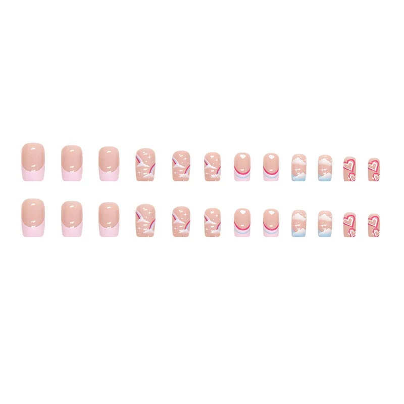 24 Stuks Draagbare Pers Op Nail Art Volledige Dekking Faux Valse Nagel Met Gereedschap Franse Wolk Valse Nagels Kleurrijk Hart Schattig Vierkant