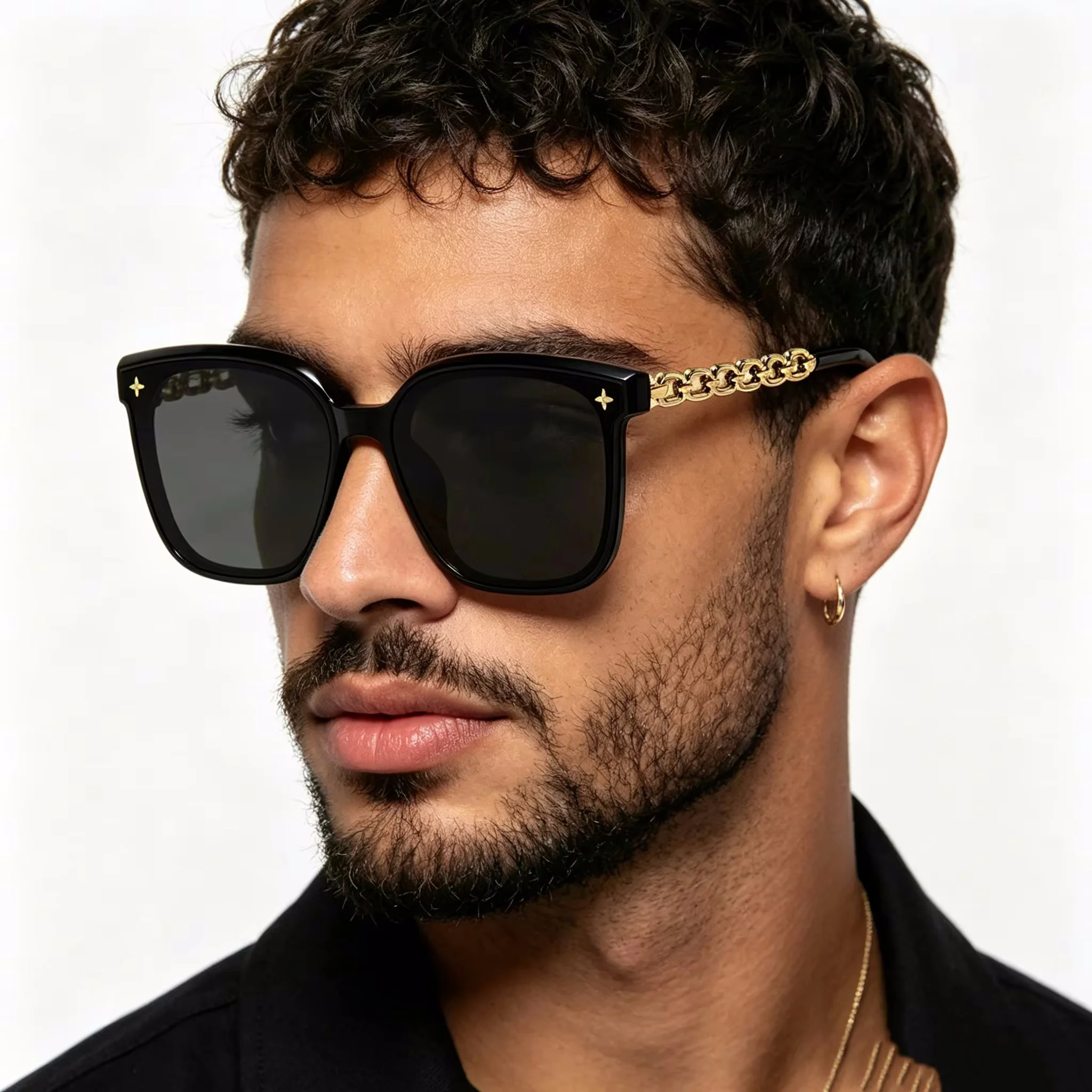 2026 New Fashion Black Square Sunglasses Chain Sun Glasses for Women Hot Sale Large Frame Premium Sunscreen Shades Gafas De Sol ﻿