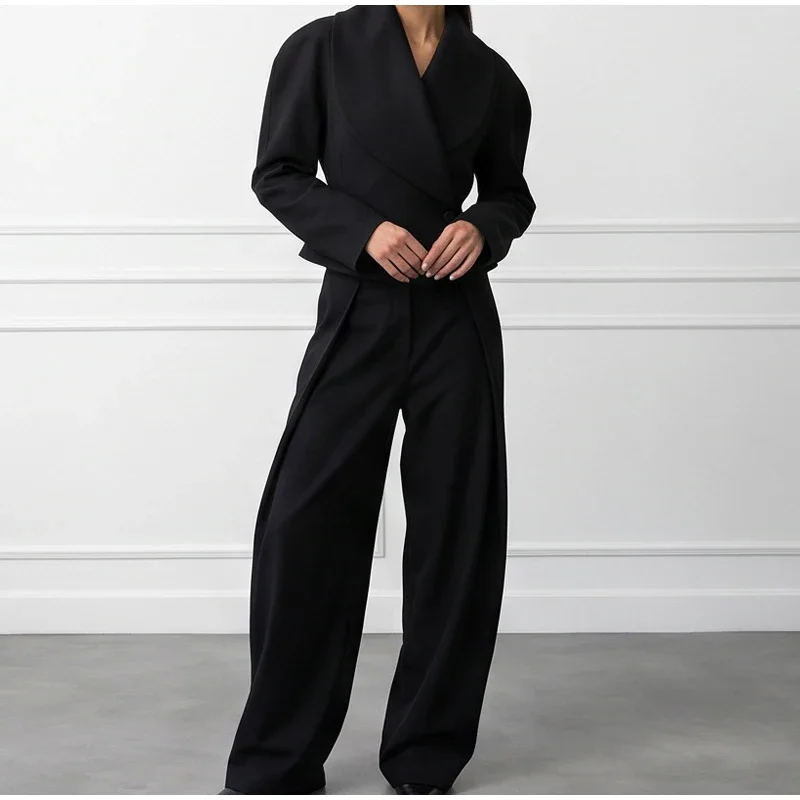Damen-Hosen-Sets, V-Ausschnitt, Langarm, Taillenbetonende Asymmetrische Mäntel, Hochgeschnittene Plissierte Hosen, Schicke Büro-Outfits für Damen, Neuheiten – Detail 12