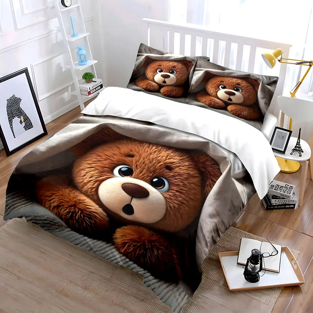 Plush teddy bear under soft blanket Printed Duvet Cover Set1 Duvet Cover+2 PillowcaseMulti Size Bedroom Bedding Decor