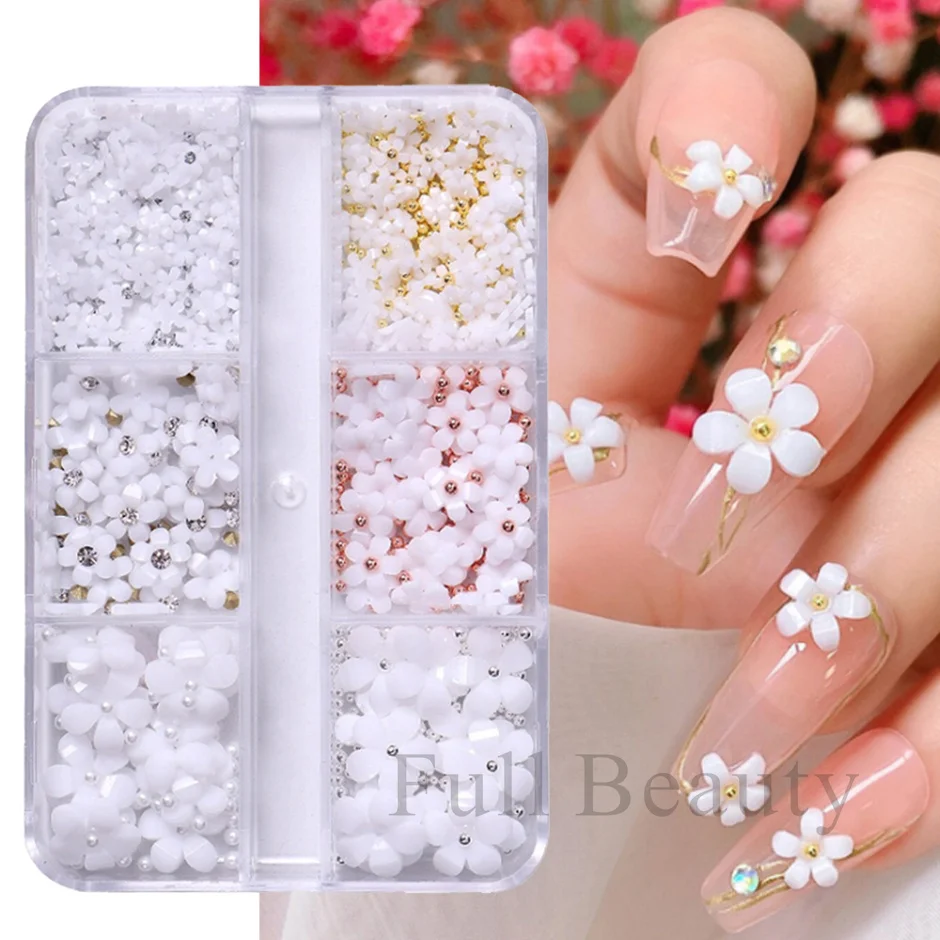 6 Grids 3D White Acrylic Flower Nail Parts Mixed Steel Beads Charms Design Nail Art Decoration DIY Jewelry Accessory SASZCT-150