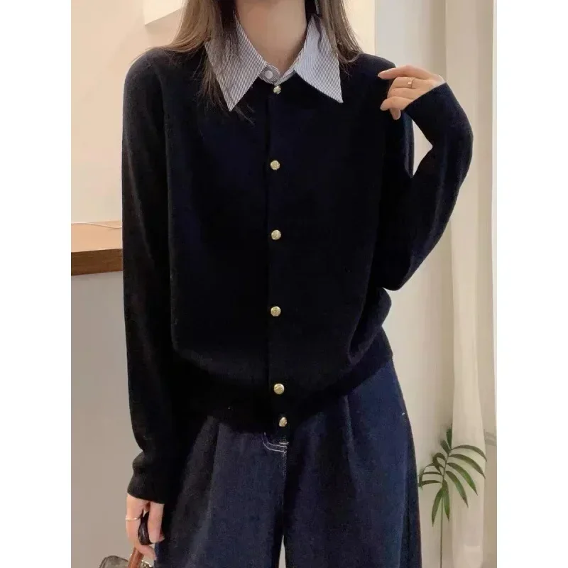 Camisa falsa de dos piezas de estilo coreano para mujer, cárdigan básico elegante de Color sólido, ropa juvenil de manga larga Harajuku de otoño