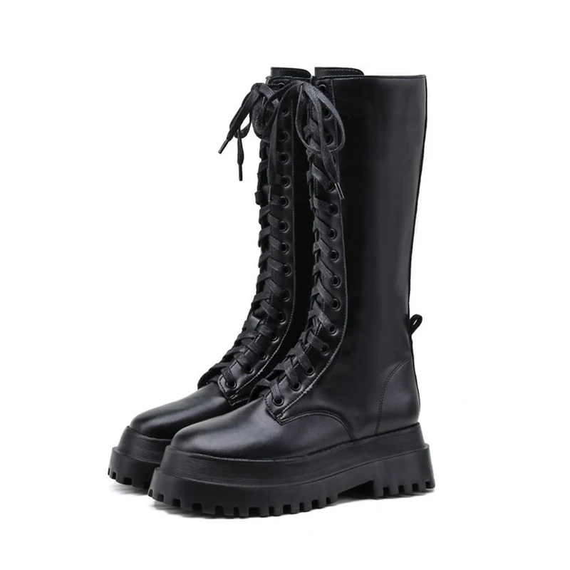 2025 Modische Chunky-Plateau-Motorradstiefel für Damen, Herbst-Winter PU-Leder Kniehohe Stiefel, Punk-Stil mit Dicker Sohle, Lange Botas – Detail 18