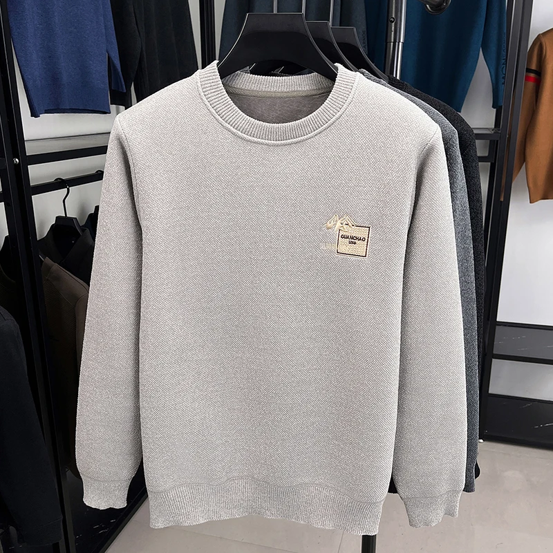 Designer Original Men's Fleece-Lined Thickened Knit Sweater Round Neck Long Sleeve Soft Warm Anti Pilling Casual Business Men's