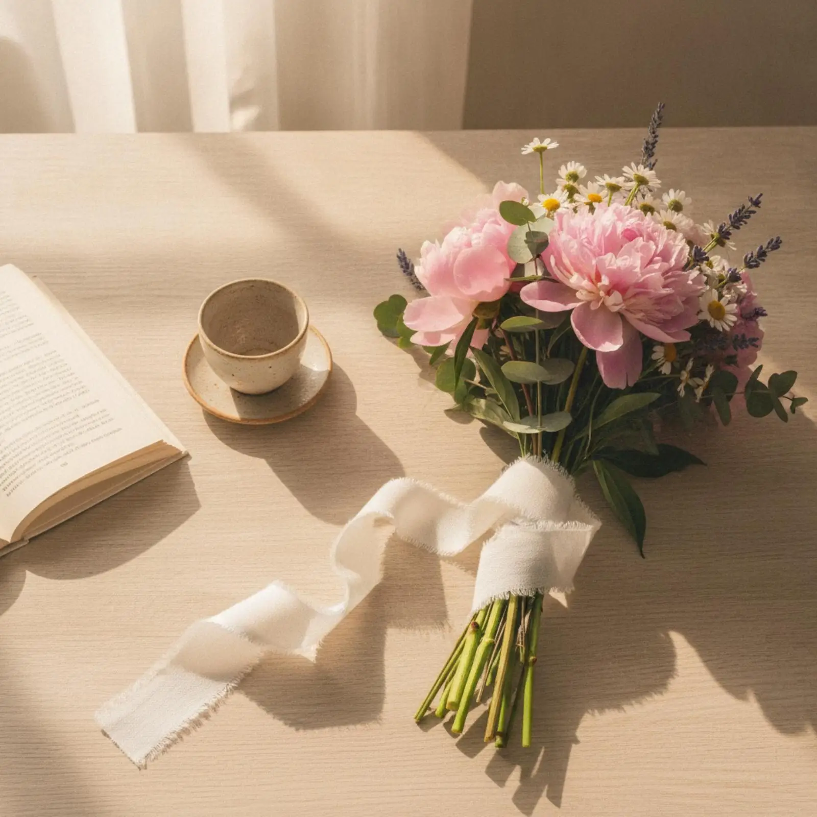 Beige Polyester Decorative Ribbon 9m Roll with Feathered Raw Edge for Bouquet Tying Gift Packages and Craft Embellishment