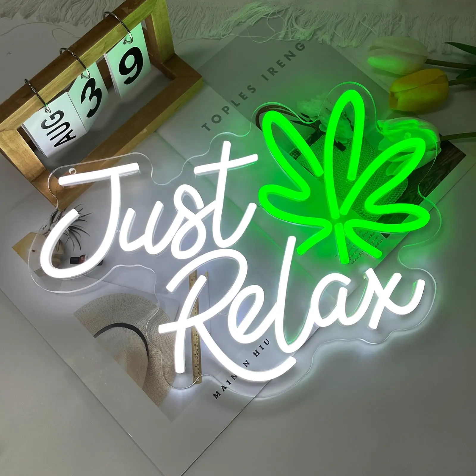 Just Relax Neon Sign USB LED Wall Decor, Green Leaf Aesthetic Light for Bedroom, Bar, Lounge, Man Cave and Game Room