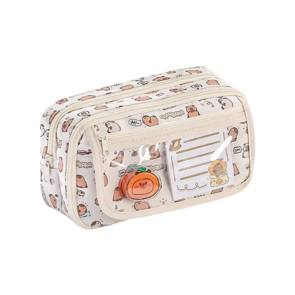 Multi Layer Capybara Stationery Bag Transparent Pocket Canvas Capibara Pencil Bag Large Capacity Flip Cover Cartoon Pen Pouch