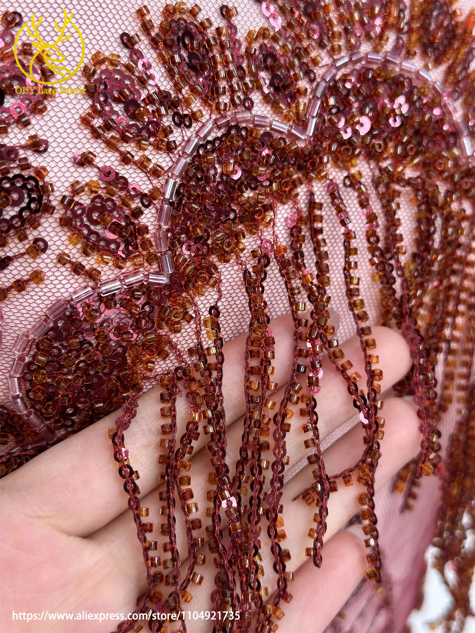 3D Luxuriöser Afrikanischer Handgefertigter Perlen-Spitzenstoff 2026 Französischer Nigerianischer Pailletten-Spitzenstoff für Brautkleider und Hochzeitskleider – Detail 10