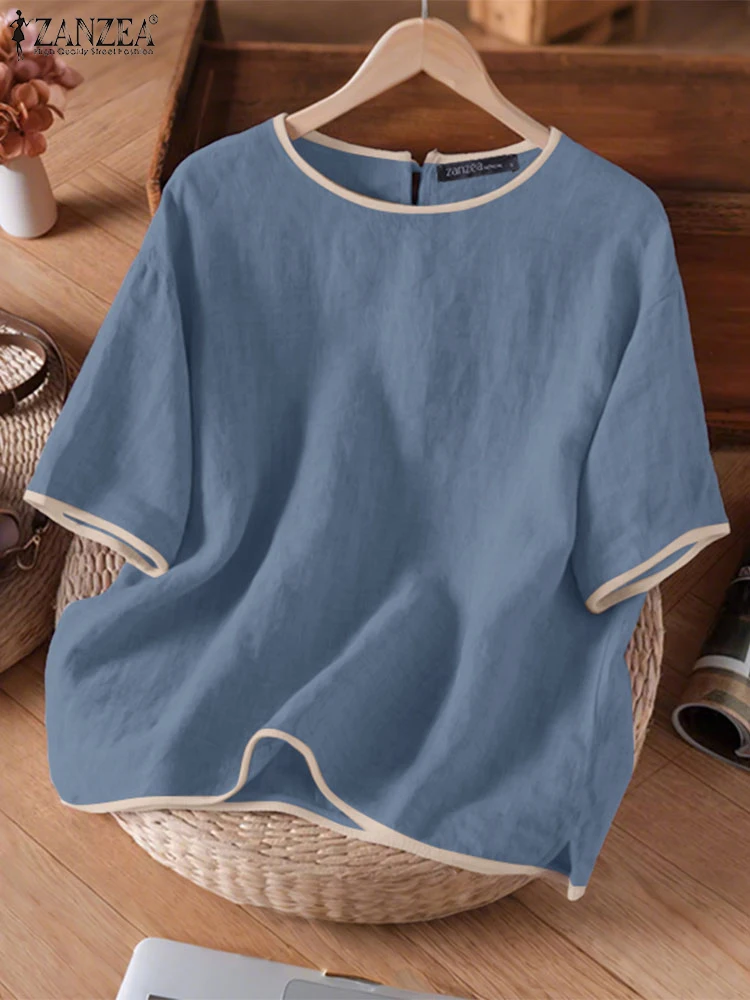 2025 Summer Contrast Color Blouse ZANZEA Women O Neck Short Sleeve Tunic Tops Casual Loose Shirt Elegant Work OL Blusas Oversize