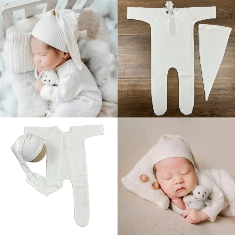 

Newborn Photo Props Long Tail Hat Footed Jumpsuit Posing Clothes Baby Photography Suit Romper Infant Photoshoot Costume