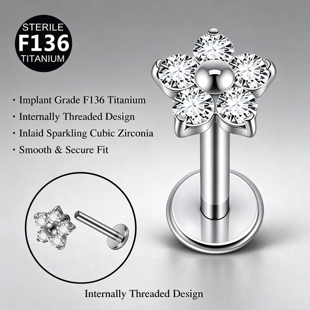 1/5PCS F136 Implant Titanium Earrings Stud,Trendy Flower Zirconia Cartilage Earrings,Tragus Conch Helix Piercing Jewelry image 2