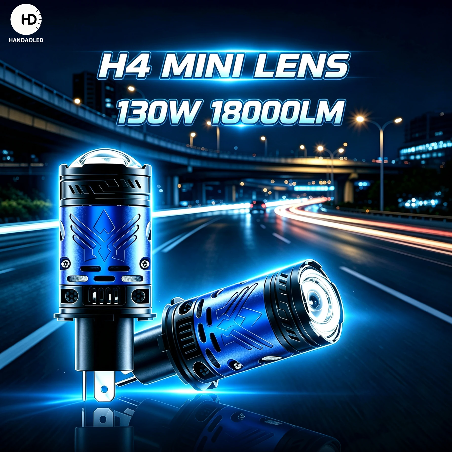 HANDAO Car Motorcycle LED Projector Headlight H4 Bi-lens High & Low Beam Integrated 12V 6000K 130W 18000LM Super Bright Focused