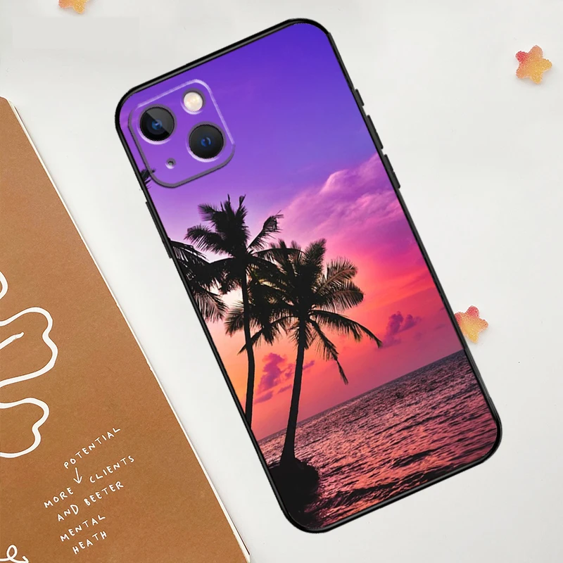 Summer Beach Sunset Palm Tree Case For iPhone 13 12 11 14 15 16 Pro Max Mini XR XS X Plus Silicone Bumper Cover Capa