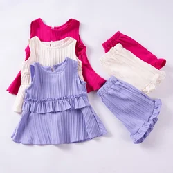 2024 Summer Kids Suit Girls Toddler 2pcs Solid Colour Sleeveless Top + Ruffle Shorts Party Gift Fashion Casual Soft
