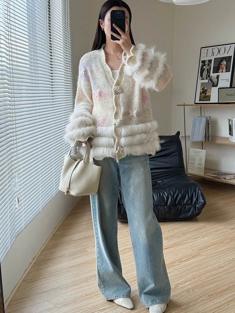 

Женский осенний вязаный кардиган из натурального лисьего меха, куртка, женское пальто с v-образным вырезом, короткий свободный пушистый свитер с цветочным принтом, роскошное пальто