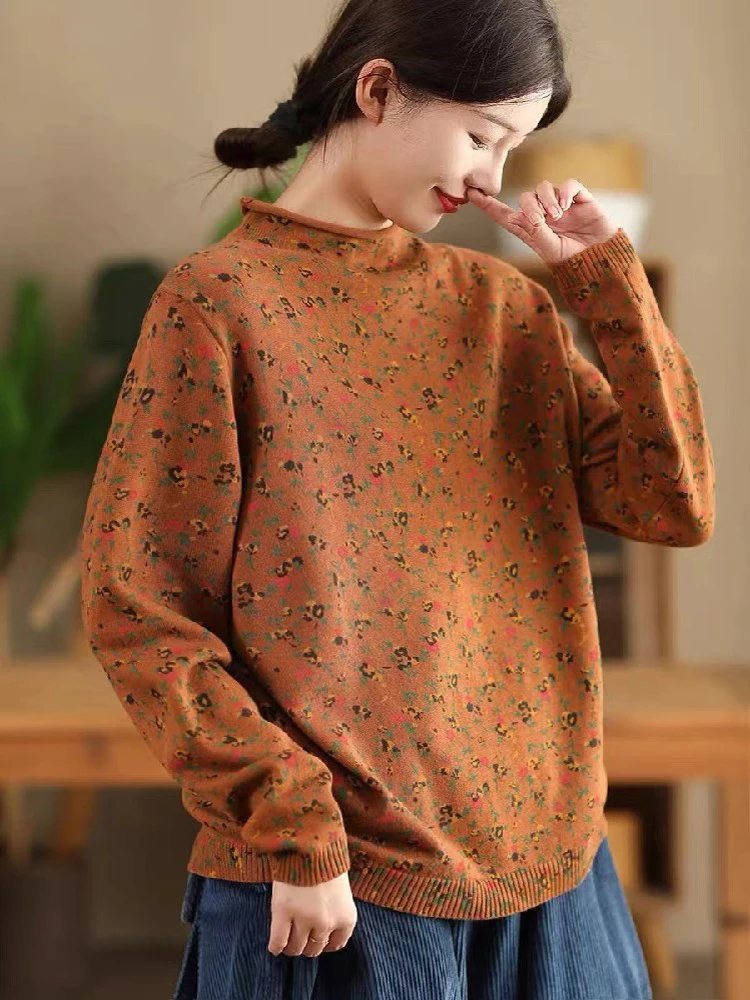 Amax luluE Turtleneck Winter Ladies Printed Casual Pullover Classic Cotton Sweaters Vintage Loose Elegant Floral Knitted Clothes