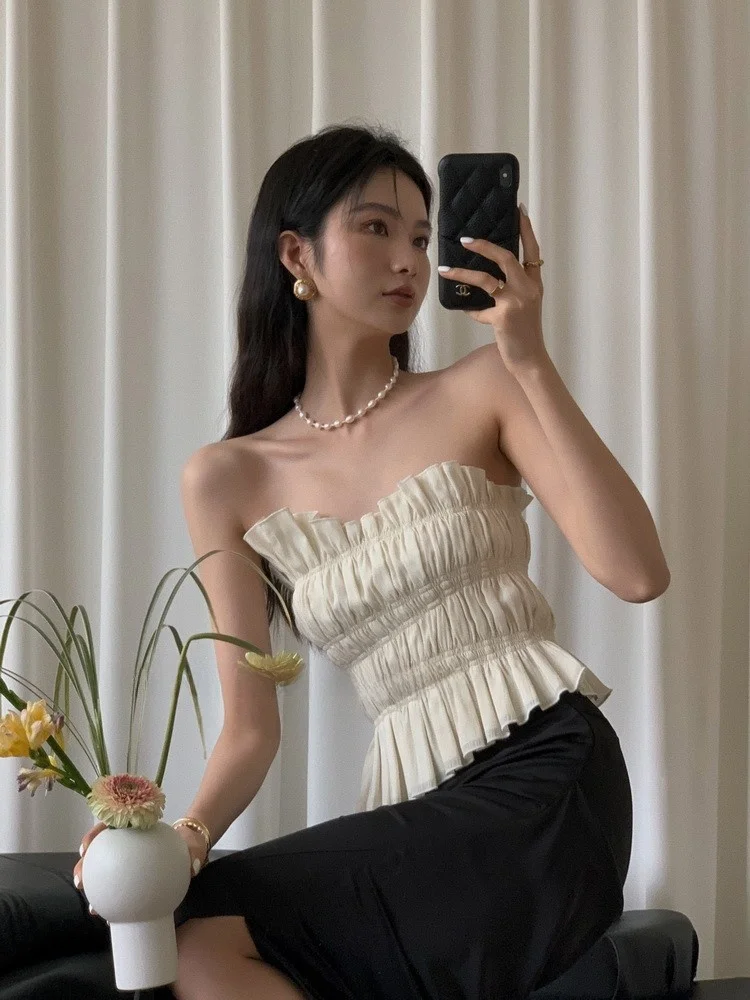 LELART Summer Pure Desire Spicy Girl Pleated Wave Collar Tube Top New Holiday Style Wrap Chest Inner Trendy Short Korean Version
