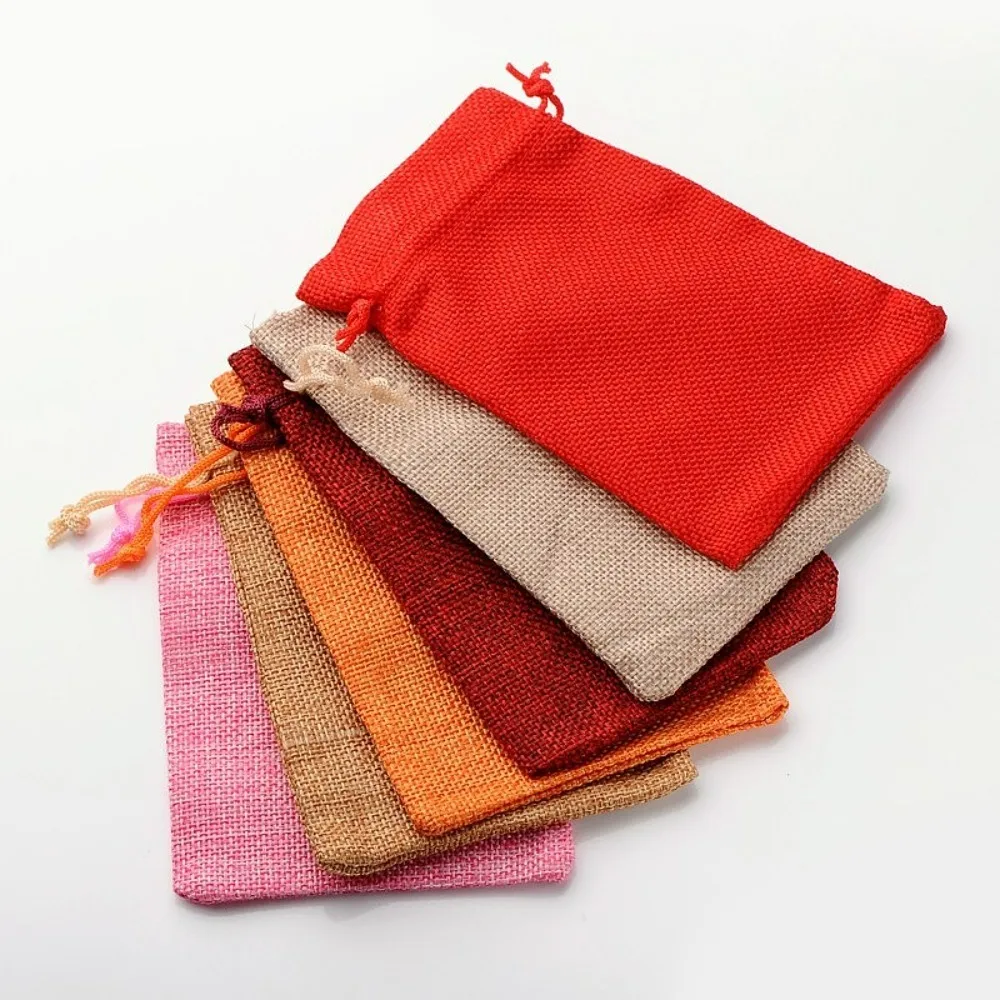 

30pcs Polyester Imitation Burlap Packing Pouches Drawstring Bags Mixed style Mixed color 18x13cm