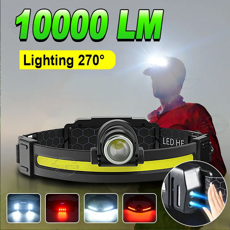 10000LM High Power LED Headlamp 7 Modes XPG+COB Sensor Headlight Powerful Head Flashlight Torch Head LED Lamp Fishing Lantern