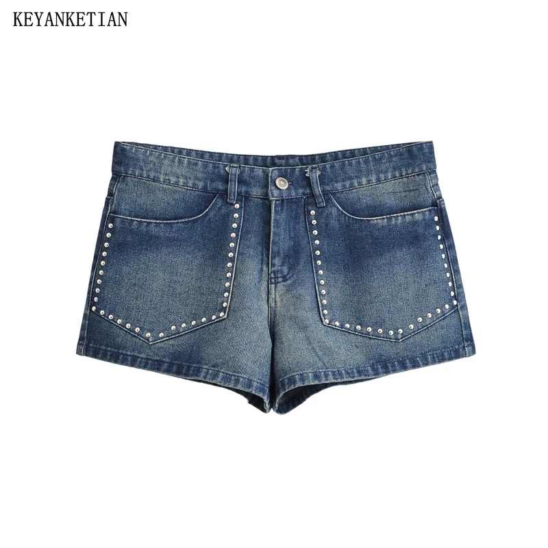 

KEYANKETIAN 2026 New Women's Denim Decoration Shorts Y2K High Waist Washed Jean Shorts Casual Streetwear Short Pants Club Party