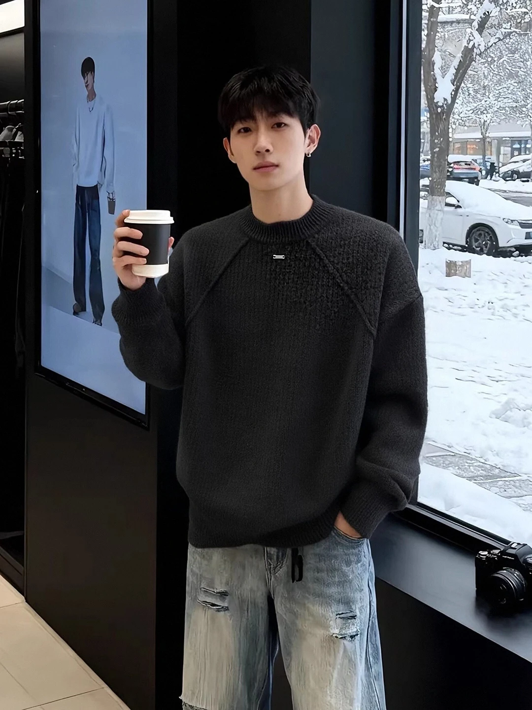 

Мужской свитер с круглым вырезом и металлической биркой, утепленный, зимний, повседневный, комфортный, базовый слой, для ношения под одеждой