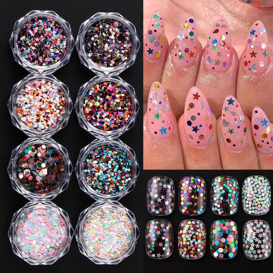 8pcs Mini Heart Star Dot Round Nail Art Sequins Mix Holographic Nail Glitter Flakes Kawaii Charms Nail Art Decorations Manicure